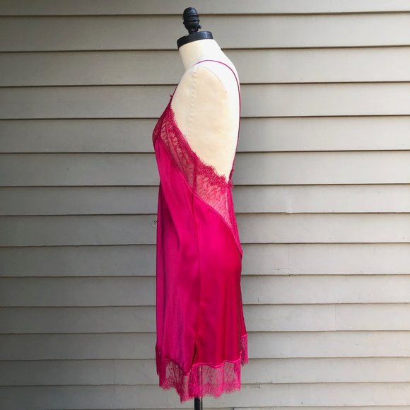 NWOT New 100% Silk Pink Red Lace Criss Cross Chemise Negligee Full Slip Dress M - Picture 11 of 17